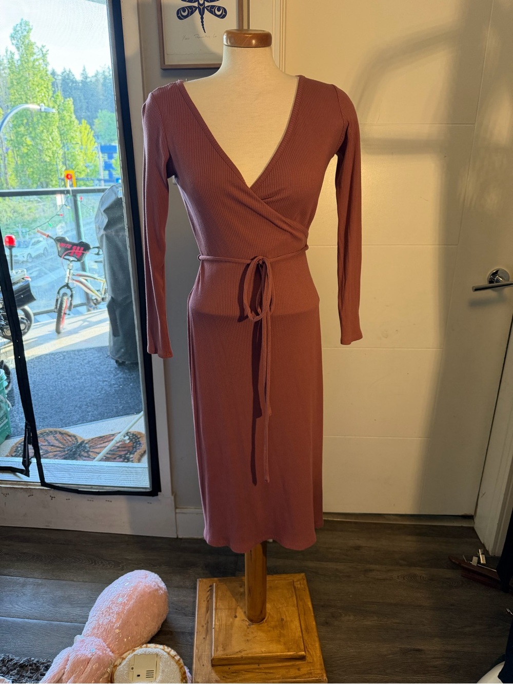 Ribbed Wrap Midi Dress in Mauve - Picture 2 of 8